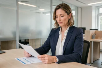 Employée de banque consultant des documents sur l'épargne salariale Crédit Mutuel dans un bureau moderne