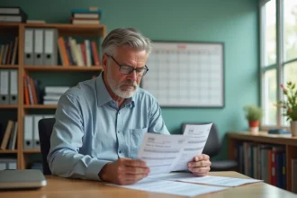 Professeur homme en bureau examinant fiches de paie