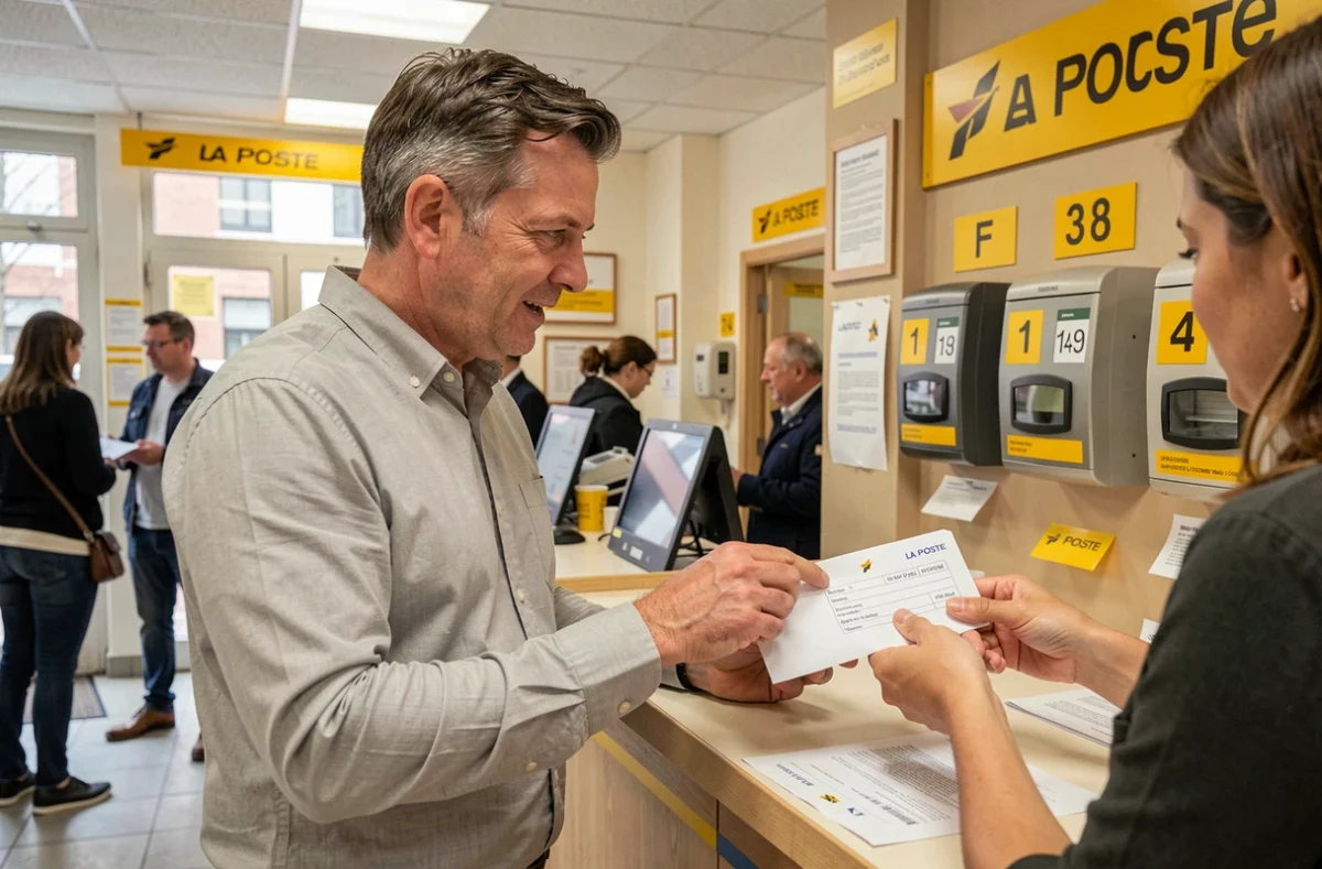 Client vérifiant l'adresse postale d'un envoi à La Banque Postale dans un bureau de poste