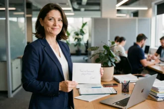 Femme professionnelle tenant une enveloppe adressée à la Mutuelle Générale dans un bureau moderne