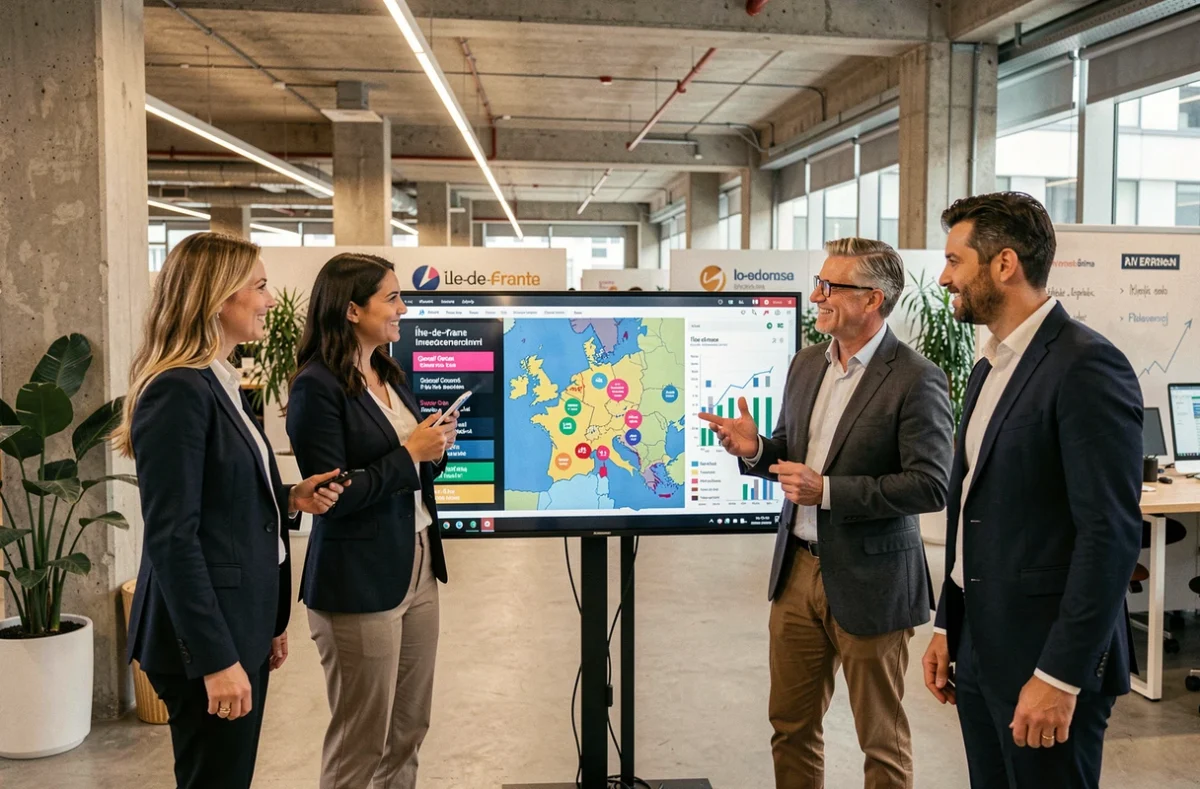 Équipe de professionnels étudiant une carte des secteurs d'investissement favoris en Île-de-France pour 2026 dans un espace de coworking moderne à La Défense