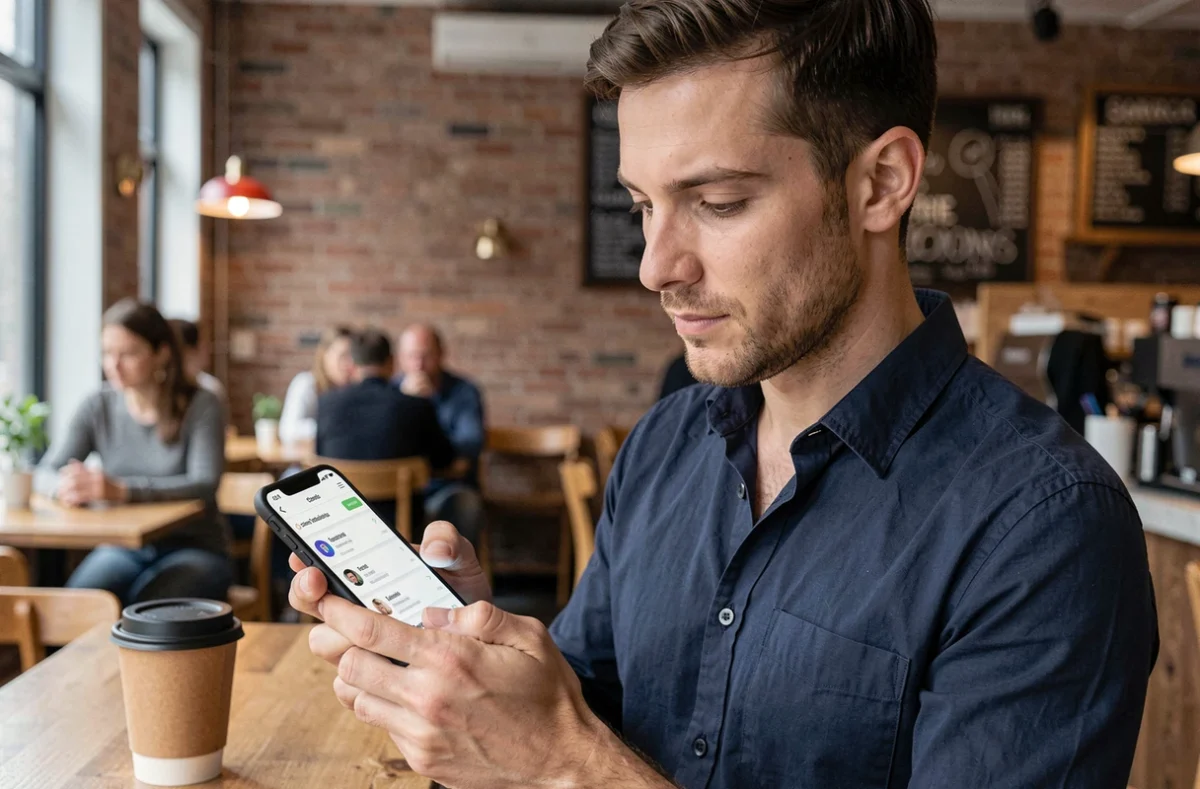 Jeune homme consultant son espace personnel LCL sur smartphone dans un café urbain