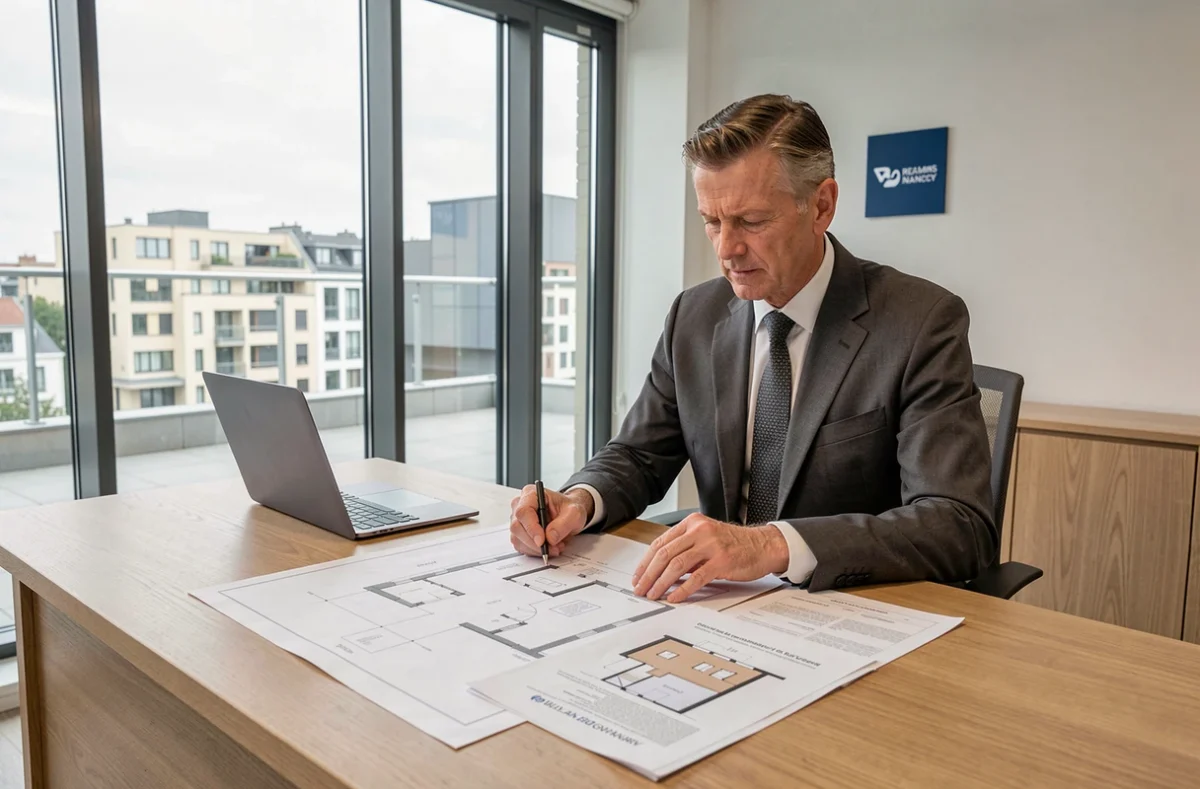 Expert immobilier senior analysant des plans de propriété dans une agence moderne du Grand Est