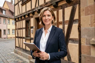 Experte immobilière professionnelle devant une maison à colombages alsacienne à Strasbourg dans le Grand Est