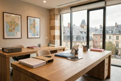 Bureau d'une agence immobilière professionnelle en Bourgogne-Franche-Comté avec carte régionale et espaces de travail modernes