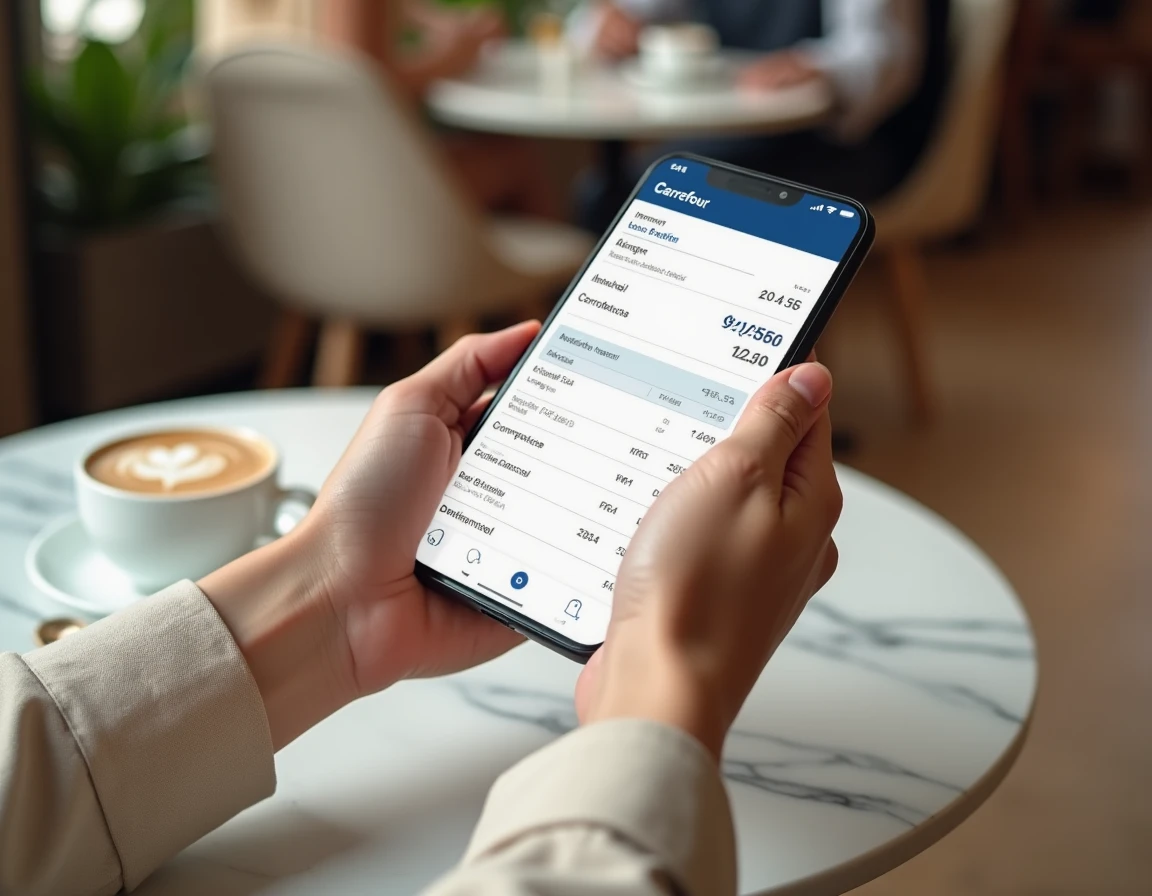 Gros plan sur un smartphone affichant une facture Carrefour en ligne avec montants et TVA dans un café avec table en marbre