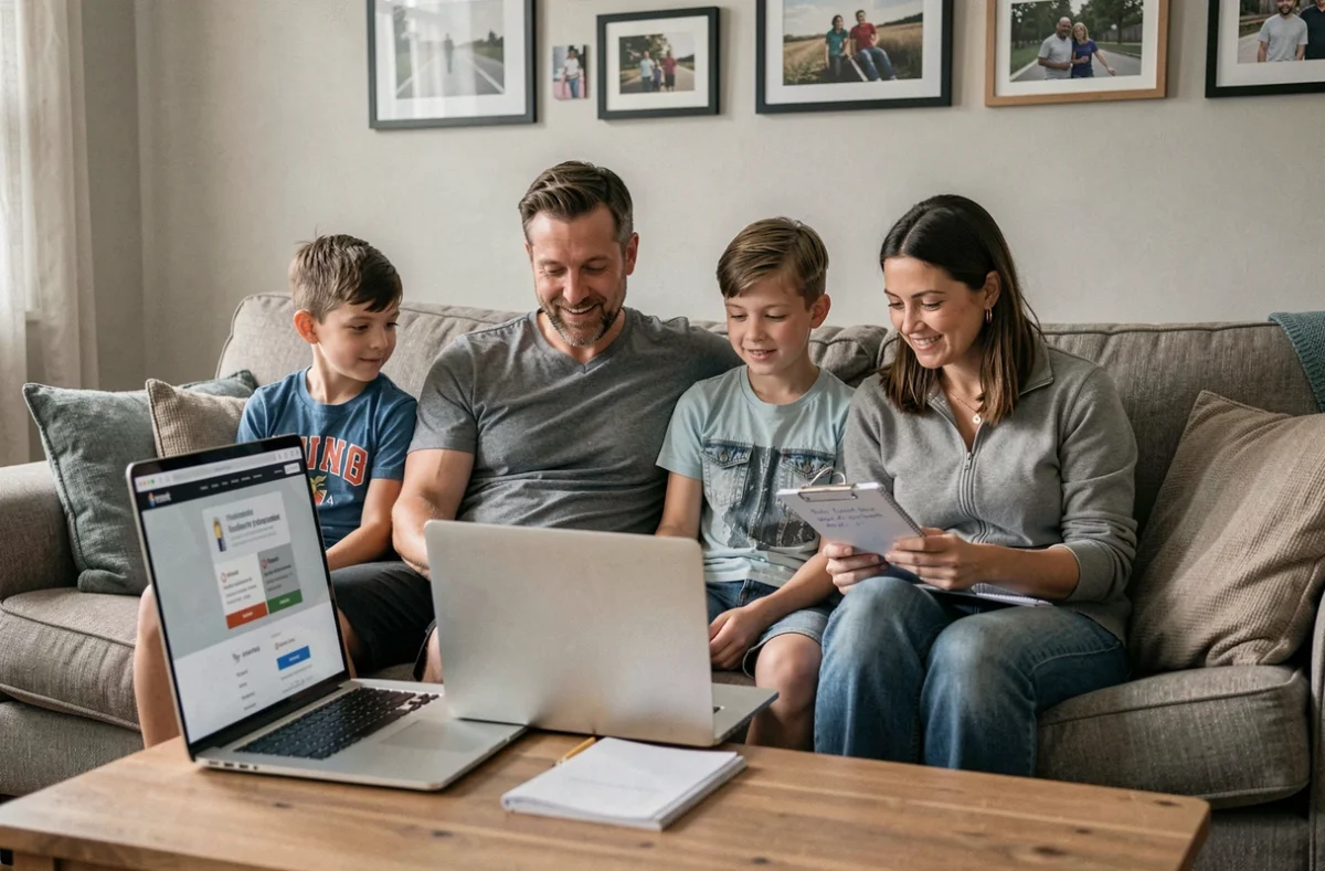 Famille avec enfants consultant en ligne les prix et garanties d'une mutuelle santé familiale