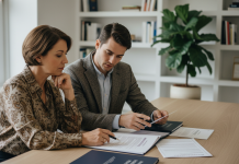 Femme et conseiller en assurance santé dans un bureau professionnel