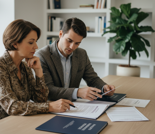 Les conseils d’experts financiers pour choisir une mutuelle santé économique sans sacrifier les garanties Femme et conseiller en assurance santé dans un bureau professionnel