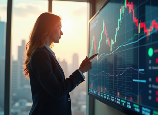 Femme d'affaires confiante analysant des graphiques boursiers