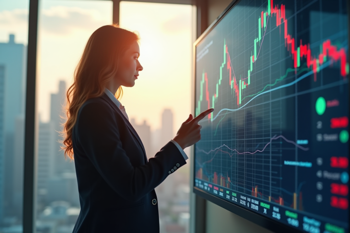 Femme d'affaires confiante analysant des graphiques boursiers