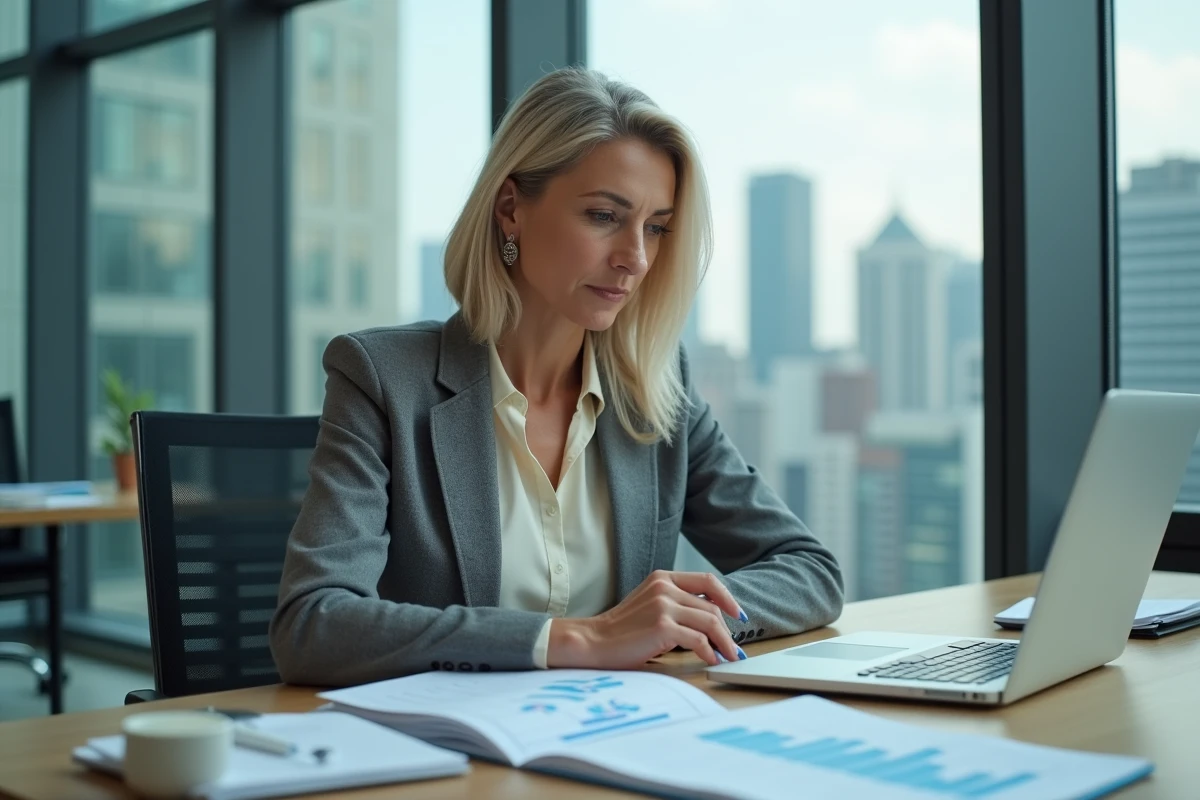 Femme analysant des graphiques financiers au bureau