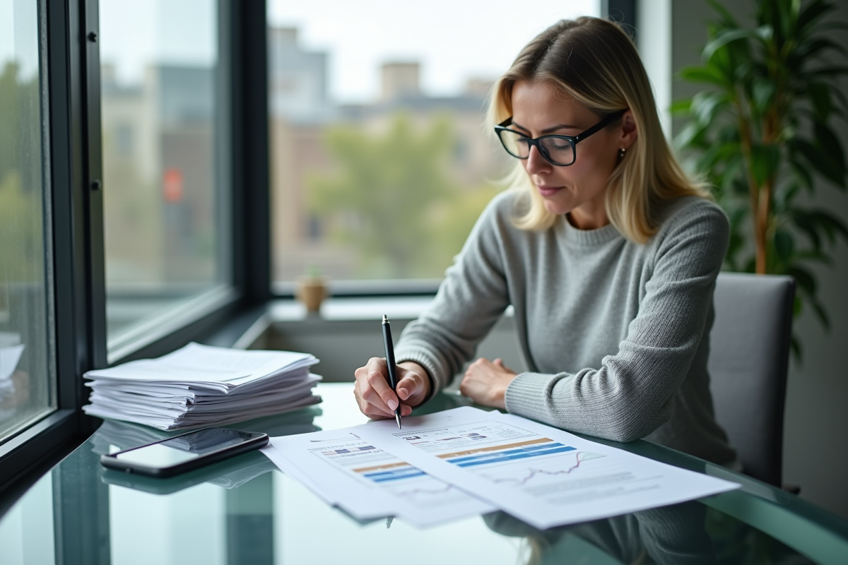 Femme analysant un document financier avec vue sur la ville