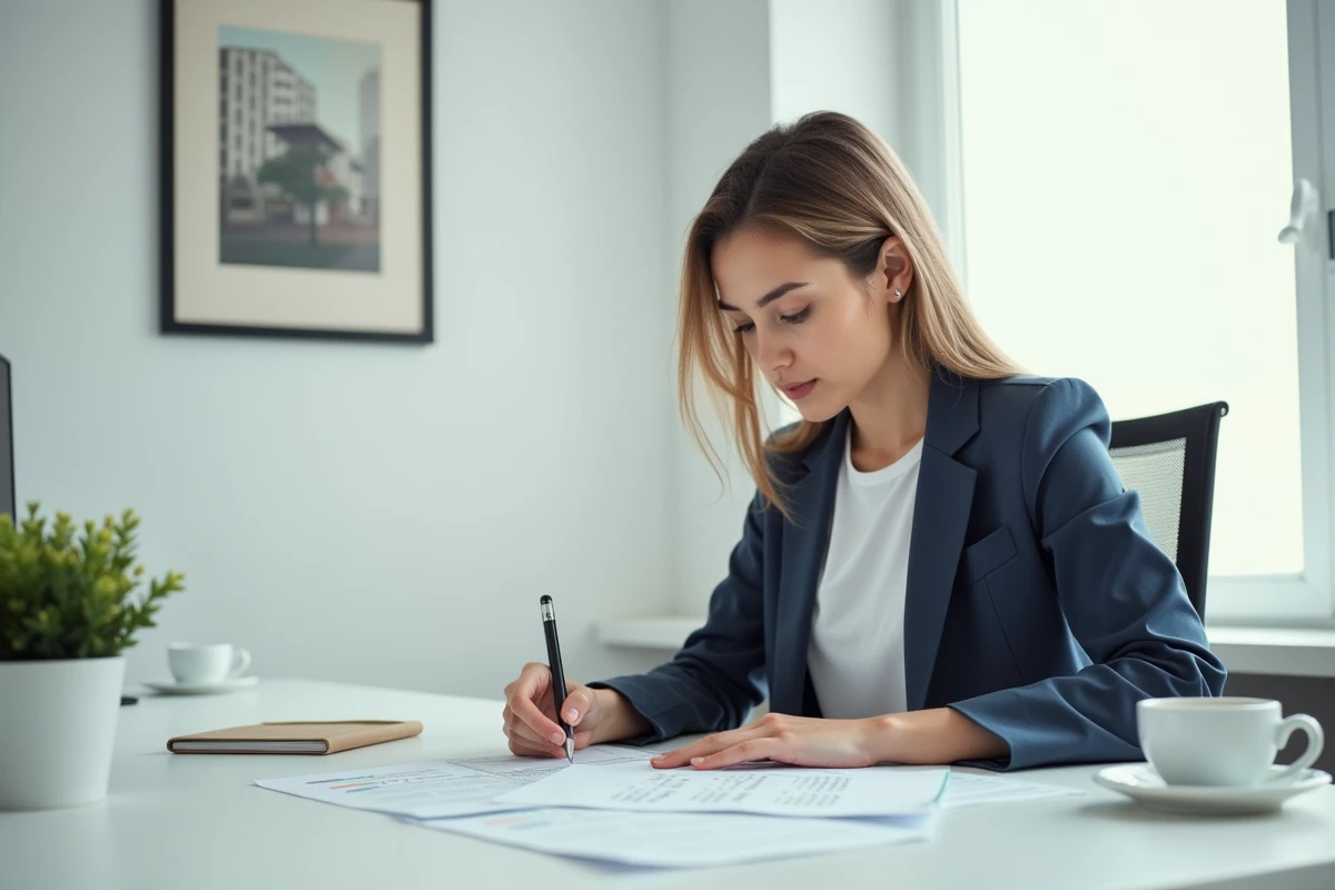 Jeune femme analysant des offres de crédit immobilier à son bureau à domicile