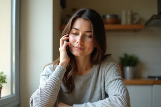 Femme téléphonant au service client Cetelem depuis sa cuisine avec un smartphone