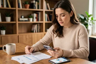 Femme consultant l'application d'épargne Plum sur son smartphone à son bureau à domicile