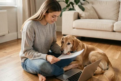 Jeune femme comparant des assurances chien sur son ordinateur portable avec son golden retriever à ses côtés