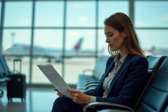 Femme lisant un document d'assurance voyage dans un terminal d'aéroport moderne avant son vol