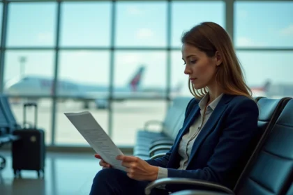 Femme lisant un document d'assurance voyage dans un terminal d'aéroport moderne avant son vol