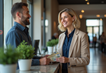 Déposer de l’argent liquide sur un compte courant : voici comment Femme d'âge moyen remettant de l'argent à un caissier dans une banque