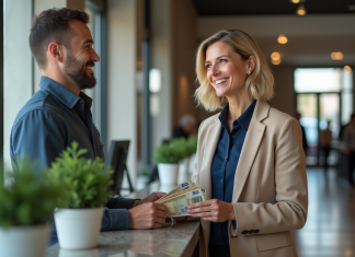Déposer de l’argent liquide sur un compte courant : voici comment Femme d'âge moyen remettant de l'argent à un caissier dans une banque