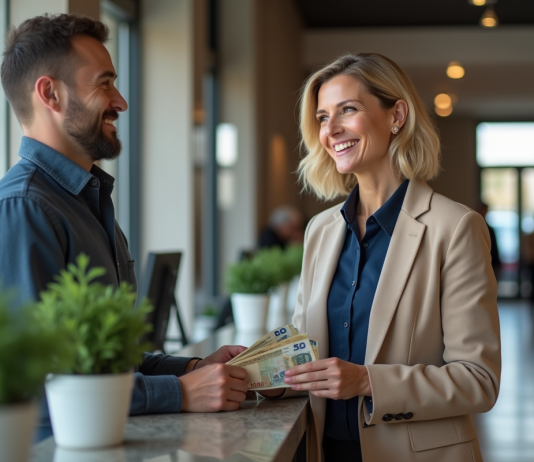 Femme d'âge moyen remettant de l'argent à un caissier dans une banque