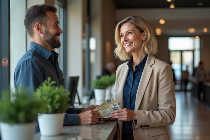 femme-banque-argent-client Femme d'âge moyen remettant de l'argent à un caissier dans une banque