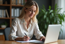 Délai pour rejeter un prélèvement bancaire : procédure et temps légal Femme d'affaires au bureau à domicile consulte son relevé bancaire
