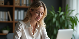 Femme d'affaires au bureau à domicile consulte son relevé bancaire