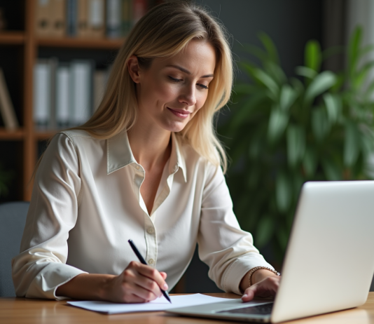 Femme d'affaires au bureau à domicile consulte son relevé bancaire