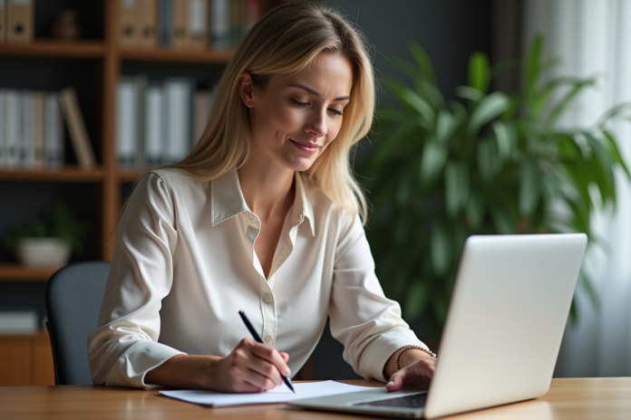 femme-banque-home-office Femme d'affaires au bureau à domicile consulte son relevé bancaire