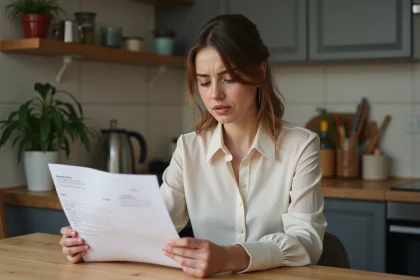 Femme belge en blouse regardant son bulletin de salaire