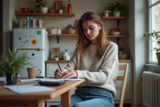 Femme concentrée à la cuisine avec factures et calculatrice