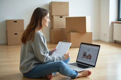 Femme assise sur le sol d'un appartement vide organisant son budget meubles IKEA après un déménagement