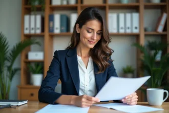 Femme en blazer navy dans un bureau moderne