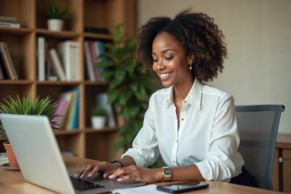 Jeune femme au bureau vérifiant ses finances