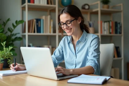 Femme au bureau à la maison avec ordinateur portable