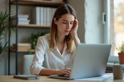 Femme en bureau à domicile travaillant sur son ordinateur