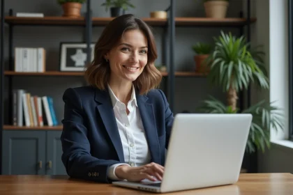 Femme en blazer navy travaillant sur son ordinateur à domicile