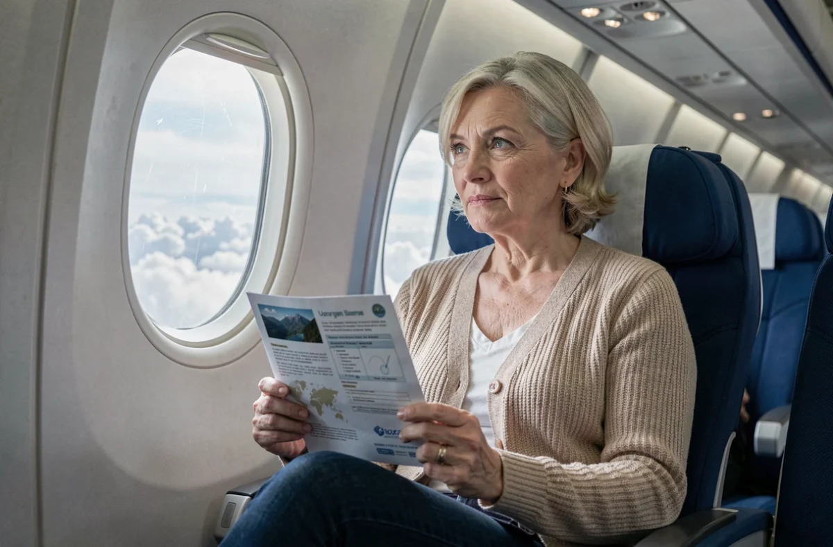 Femme assise en cabine d'avion tenant une police d'assurance voyage et regardant par le hublot