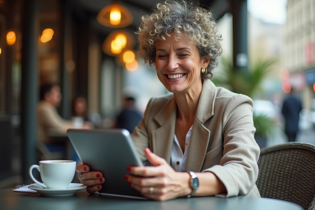 Femme souriante utilisant une tablette dans un café urbain