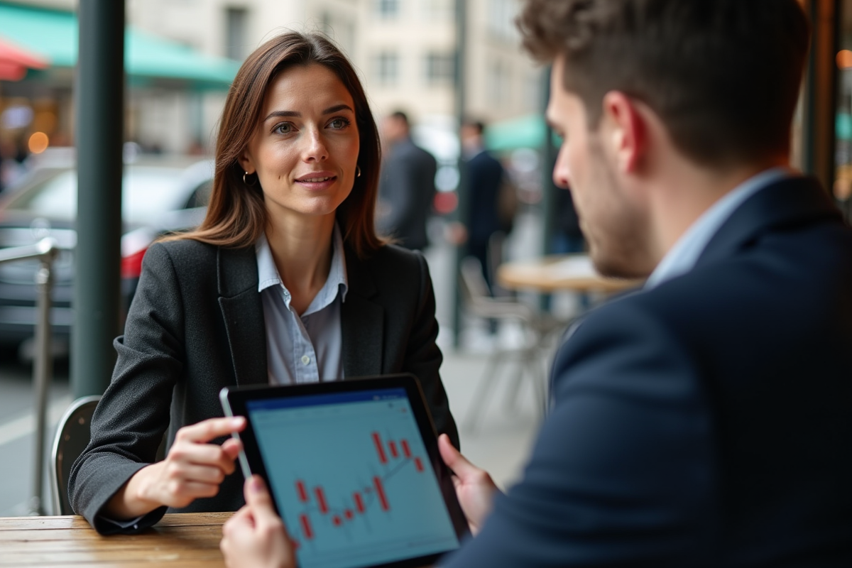 Femme professionnelle discutant avec un collègue au café