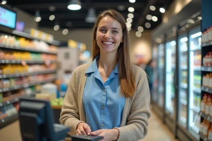 Femme souriante utilisant la caisse automatique en supermarche