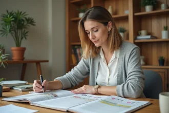 Femme consultant un calendrier invalidité 2026 en PDF imprimé pour planifier son budget à domicile