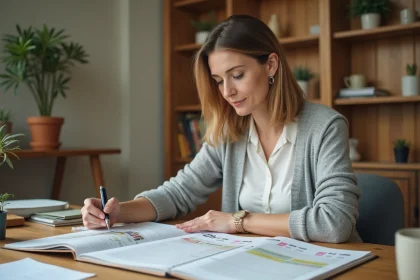 Femme consultant un calendrier invalidité 2026 en PDF imprimé pour planifier son budget à domicile
