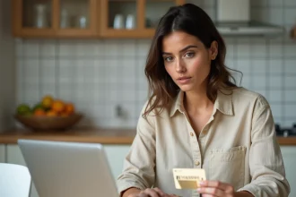 Femme tenant une carte cadeau Kadeos devant un ordinateur portable dans une cuisine moderne, air perplexe