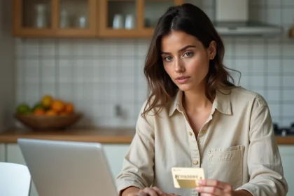 Femme tenant une carte cadeau Kadeos devant un ordinateur portable dans une cuisine moderne, air perplexe