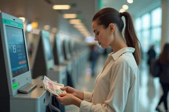 Femme comptant des dirhams marocains à un bureau de change dans un aéroport lors d'un voyage