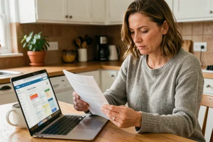 Femme de 40 ans qui compare des documents de mutuelle santé à la table de cuisine, illustrant le choix d'une complémentaire santé adaptée