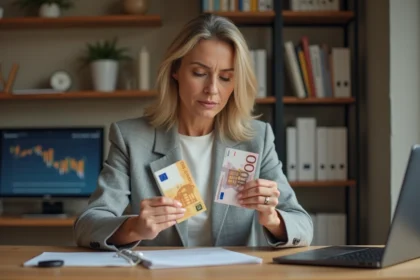 Femme d'affaires comparant un billet en francs français et un billet en euros pour effectuer une conversion au taux officiel